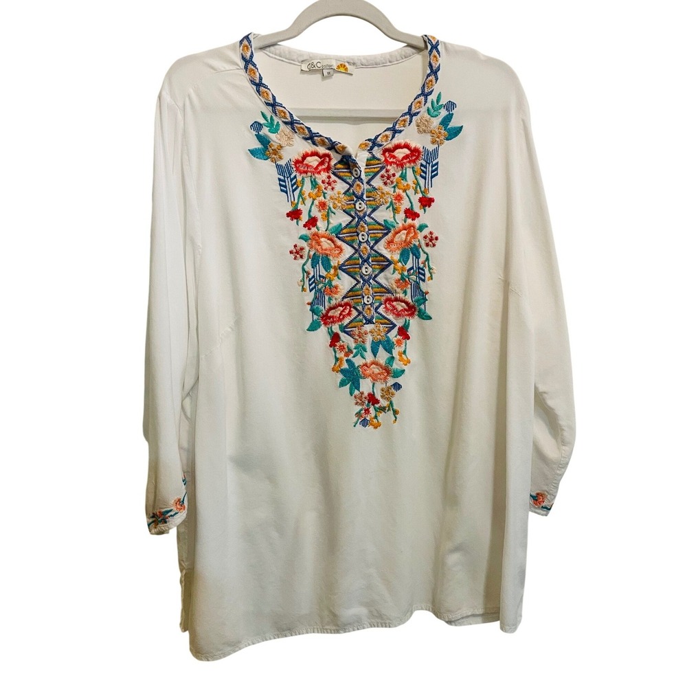 C&C California Womens‎ 1X White Embroidered Boho Tunic Blouse Rayon 3/4 Sleeve
